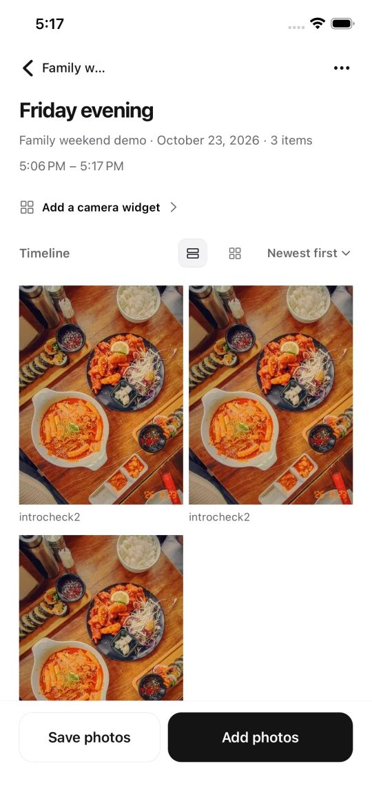 Roll demo group album showing three sample photos